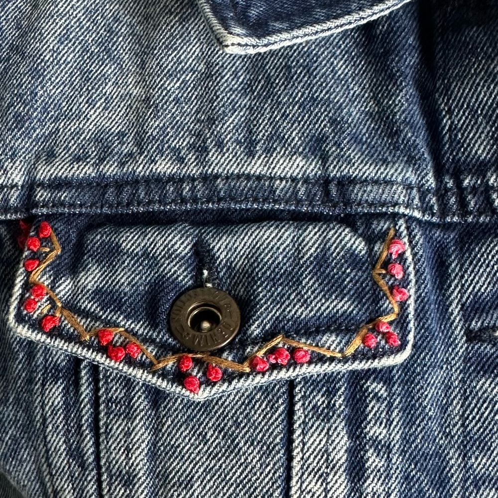 Embroidered Dark Blue Denim Vest with Pink Floral Heart - Picture 4 of 11